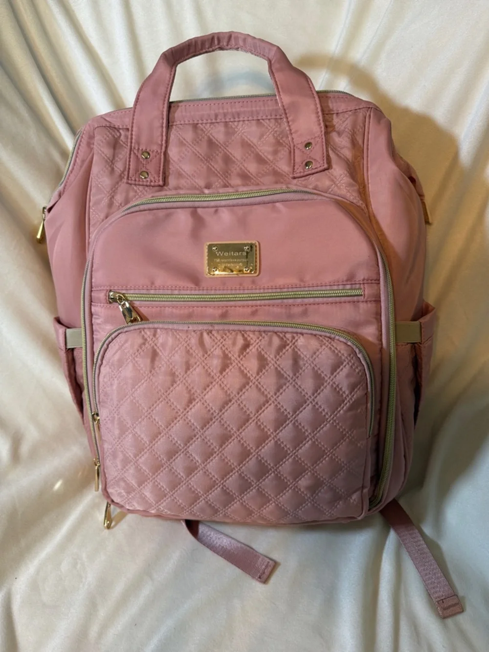 Weitars‎ Pink Quilted Nylon Backpack Multi Compartment Gold Tone Hardware Bag